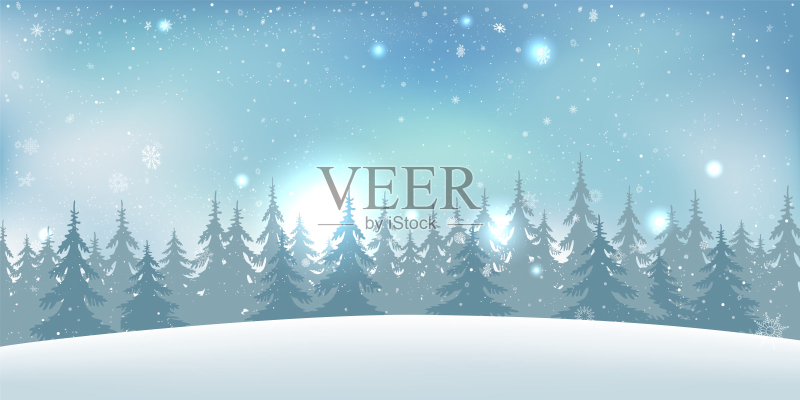 冬季圣诞森林降雪天空和小山插画图片素材