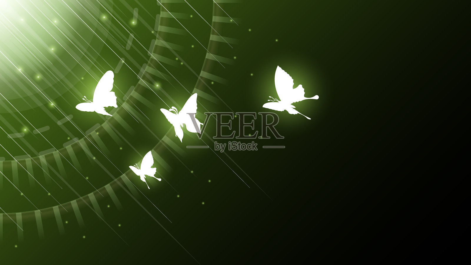 抽象的黑色背景与蝴蝶昆虫发光发光闪烁矢量设计风格插画图片素材