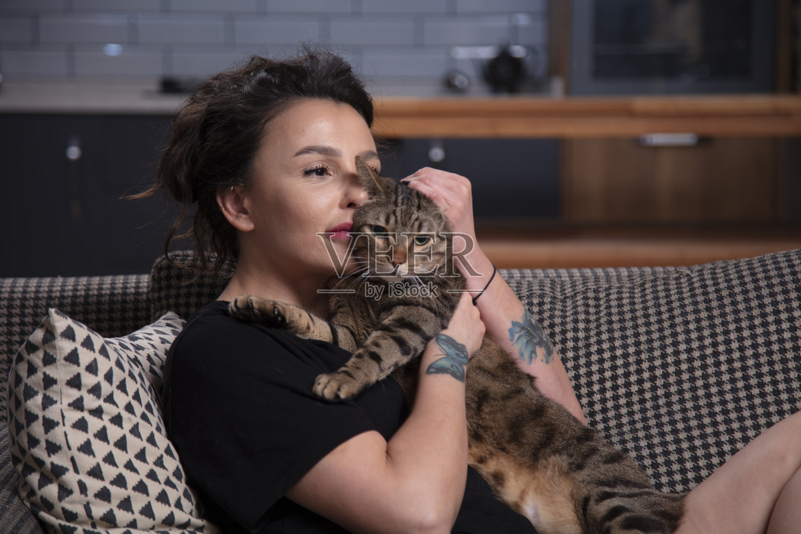 一名女子在客厅沙发上和她可爱的猫玩耍照片摄影图片