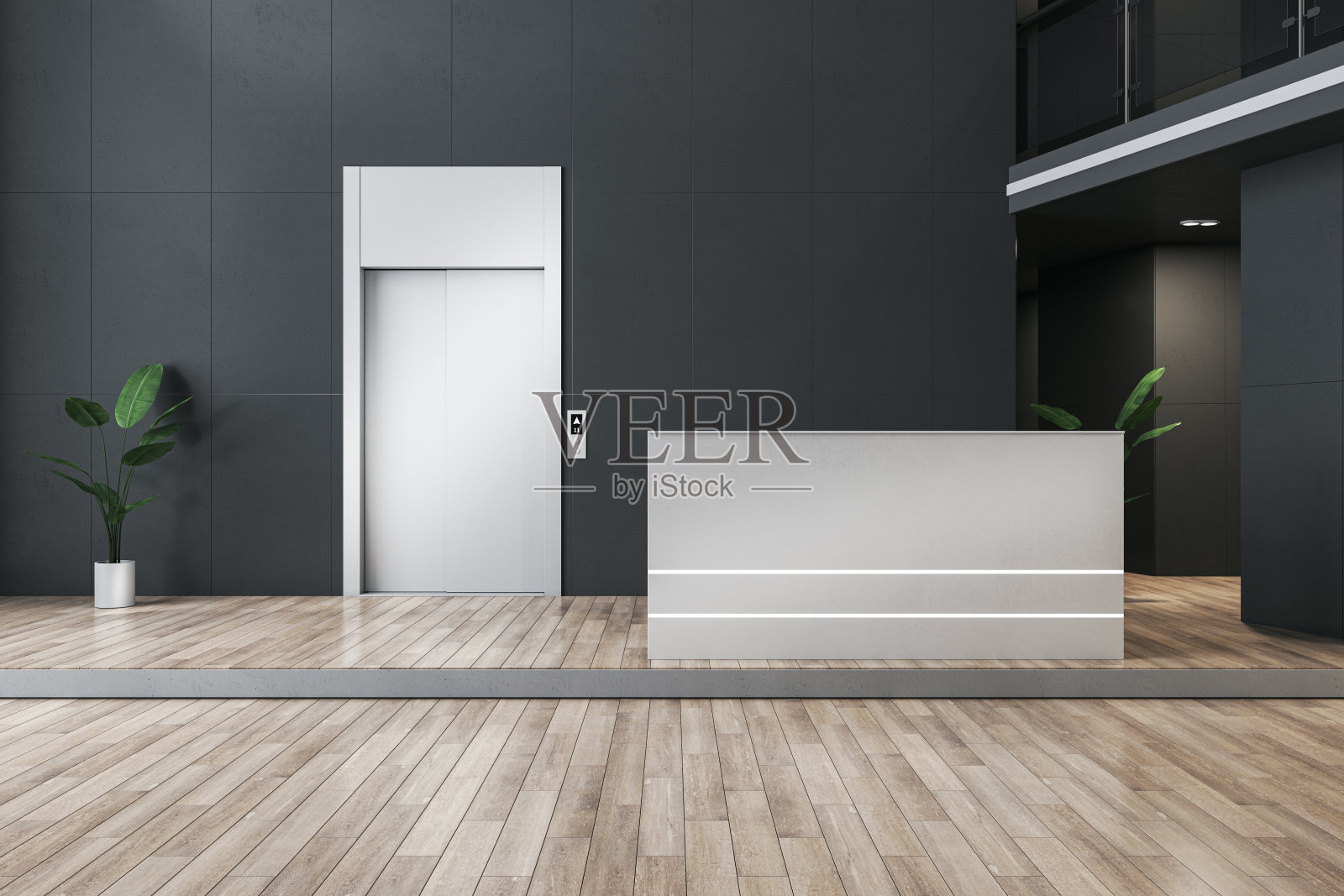 现代化的办公大厅内部设有电梯和前台，装饰植物和木地板。酒店或工作大厅的概念。3 d渲染。照片摄影图片