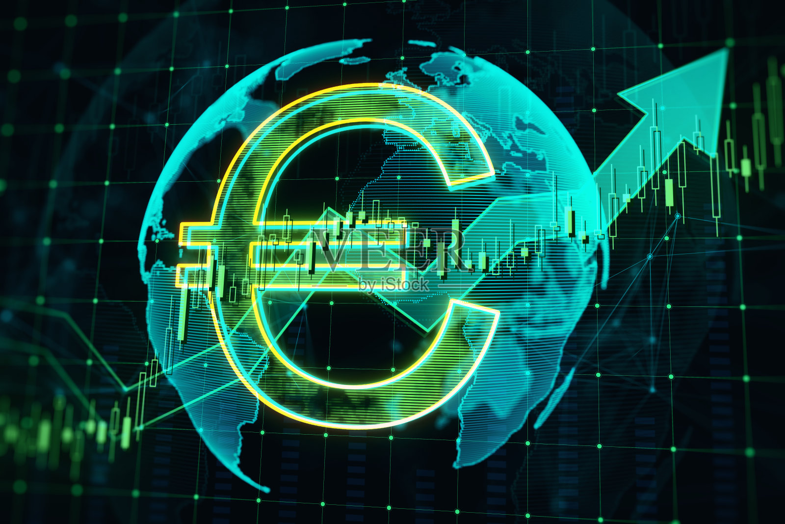 发光的欧洲全息图与地球和箭头在模糊的背景。不断成长的市场和金融理念。3 d渲染。照片摄影图片