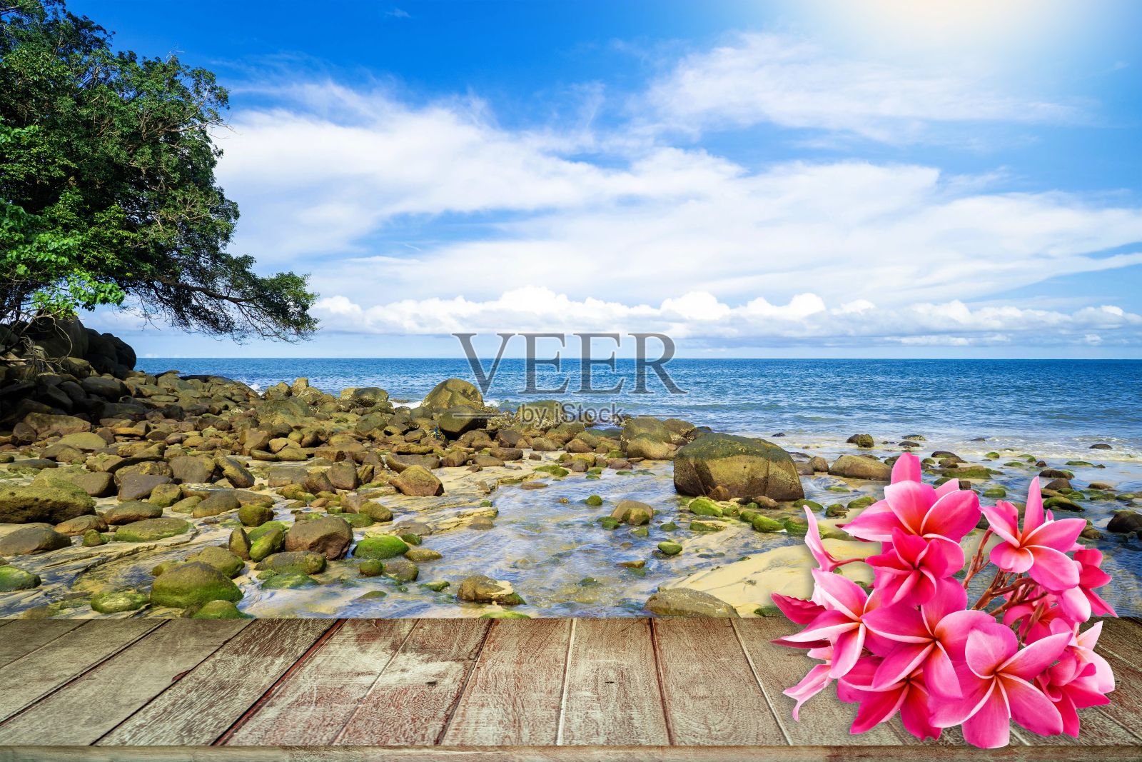 老木纹的墙面与大海的地平线相映成趣照片摄影图片