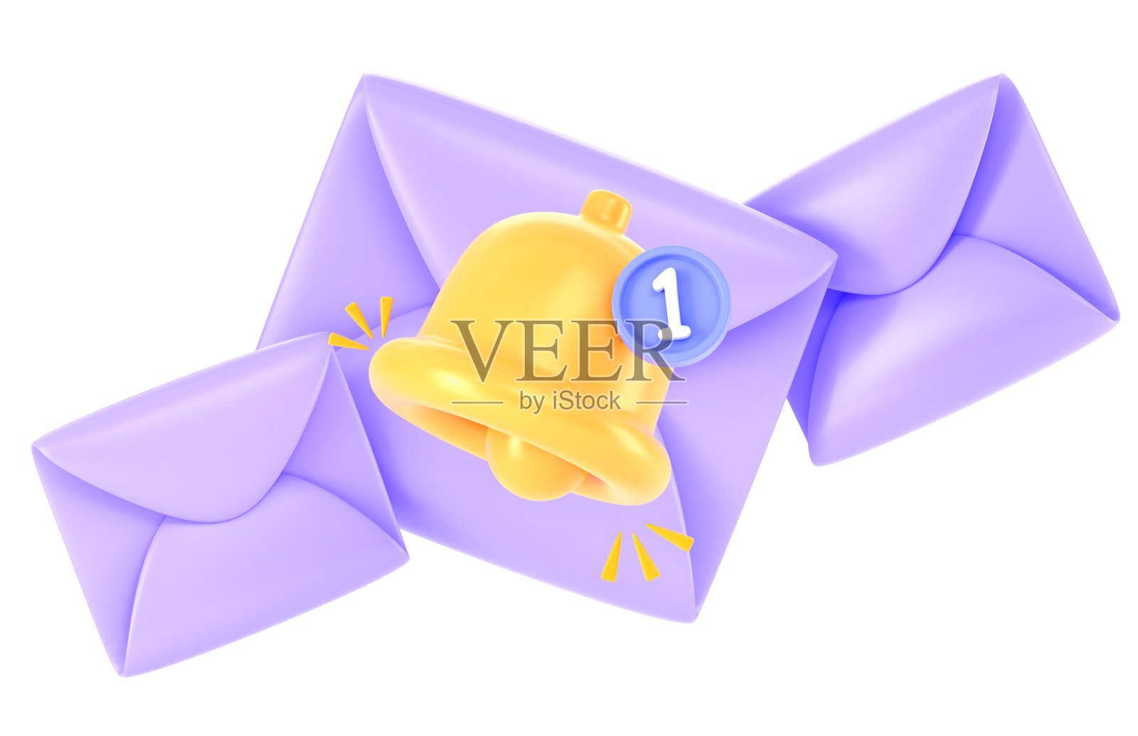 带铃铛的3D信封。电子邮件信息的概念，简报通知3d渲染。卡通图标，紫色的纸字母，黄色的通知孤立在白色背景上照片摄影图片