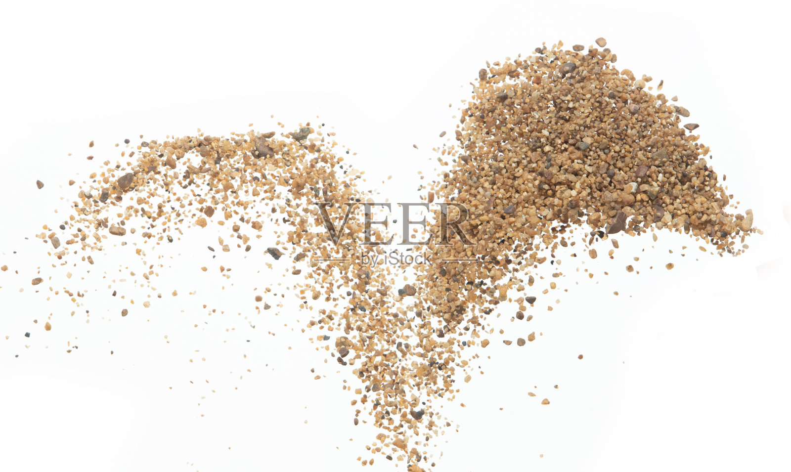 大尺寸沙尘飞扬爆炸，金粒波爆炸。抽象的云飞。黄色的沙子飞溅在空中。白色背景隔离高速快门，抛出定格动作照片摄影图片