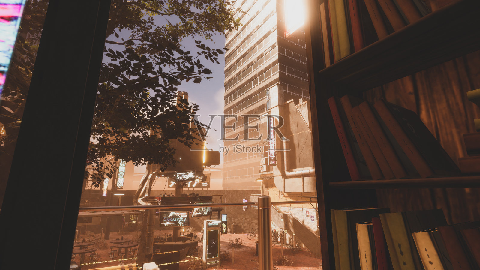 在一个资源稀缺和技术过度开发的未来，一个贫困社区的插图。三维渲染照片摄影图片