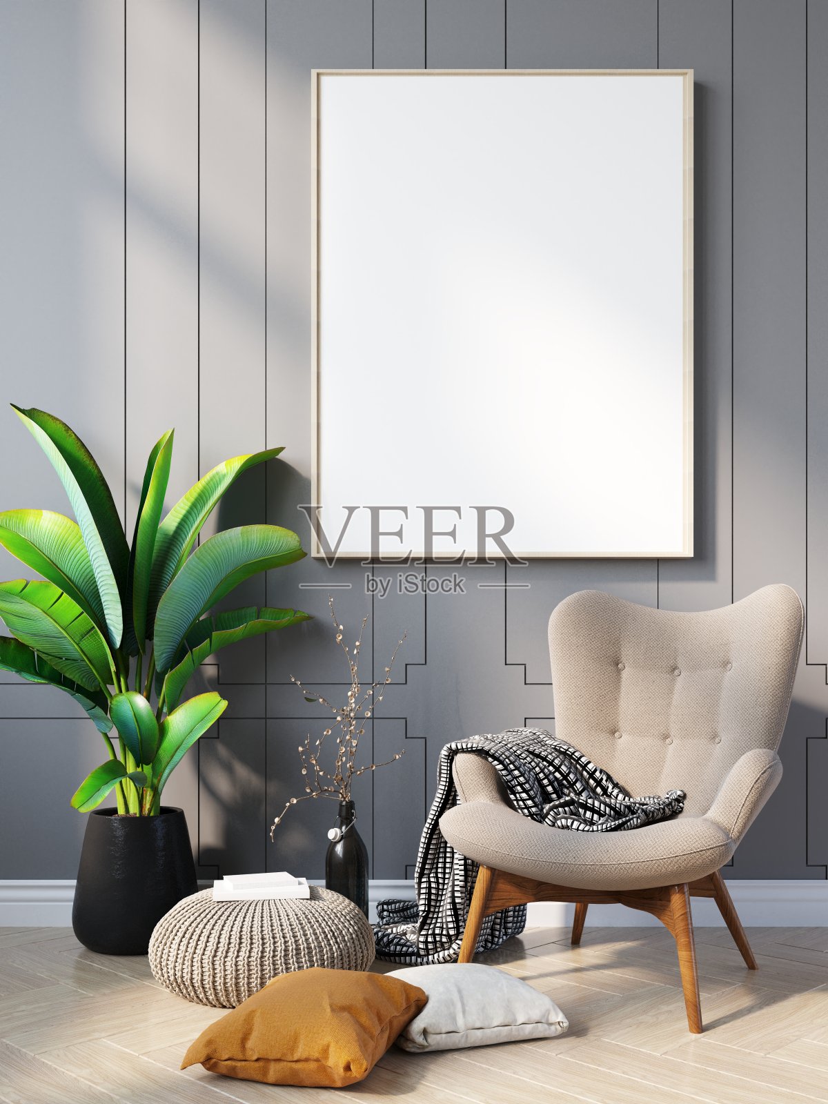 模拟海报框架在现代室内木地板混凝土墙背景，斯堪的纳维亚风格，阁楼风格，3D渲染照片摄影图片