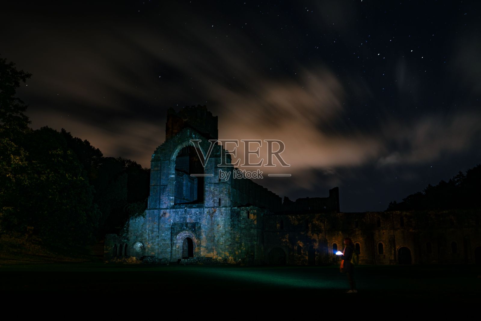 英国著名的喷泉修道院的废墟，在阴云密布的星空下拍摄。照片摄影图片