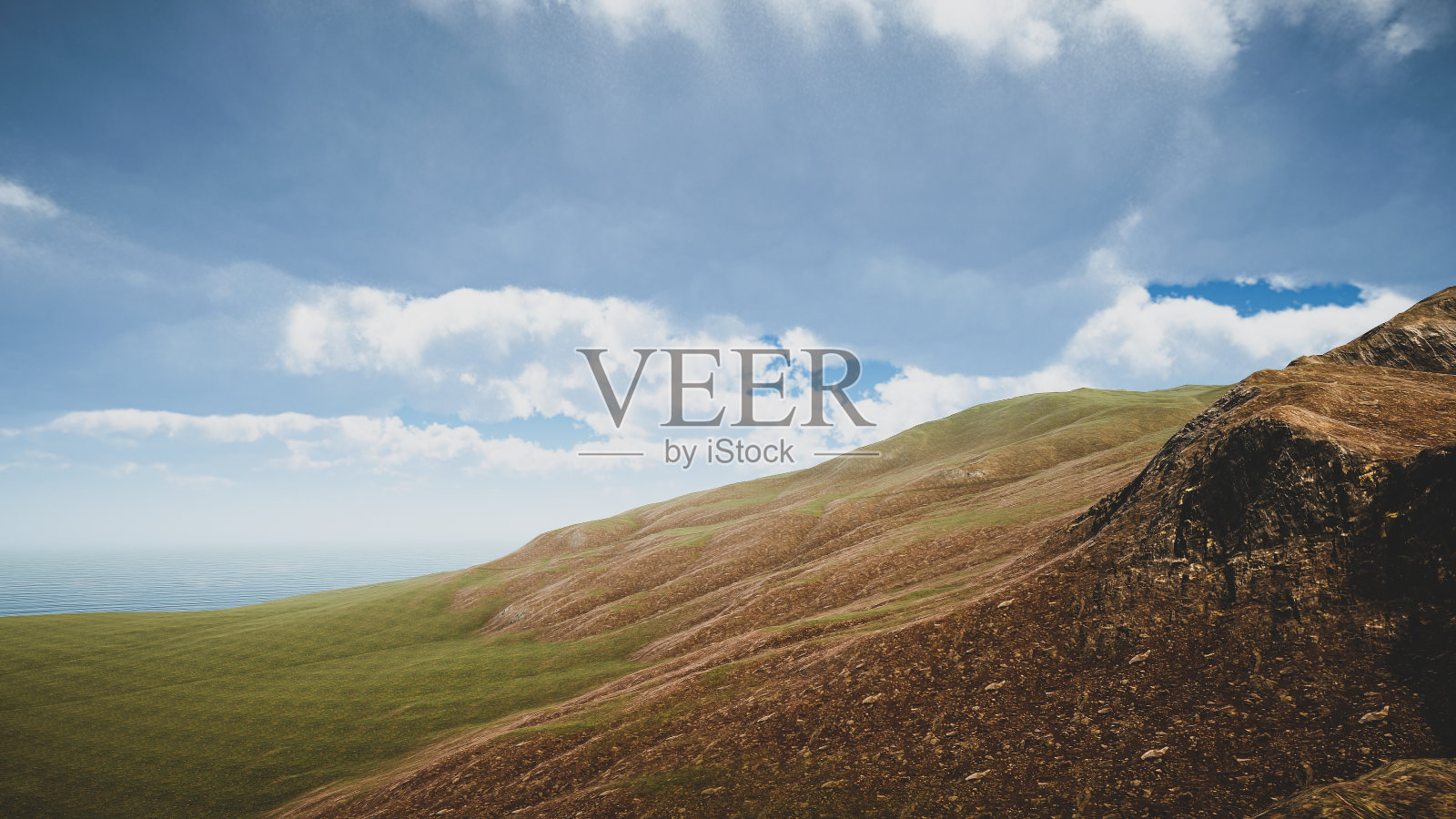 阐述景观可持续发展目标，保护生态系统。一个绿色岛屿的自然环境，没有树木3D渲染照片摄影图片