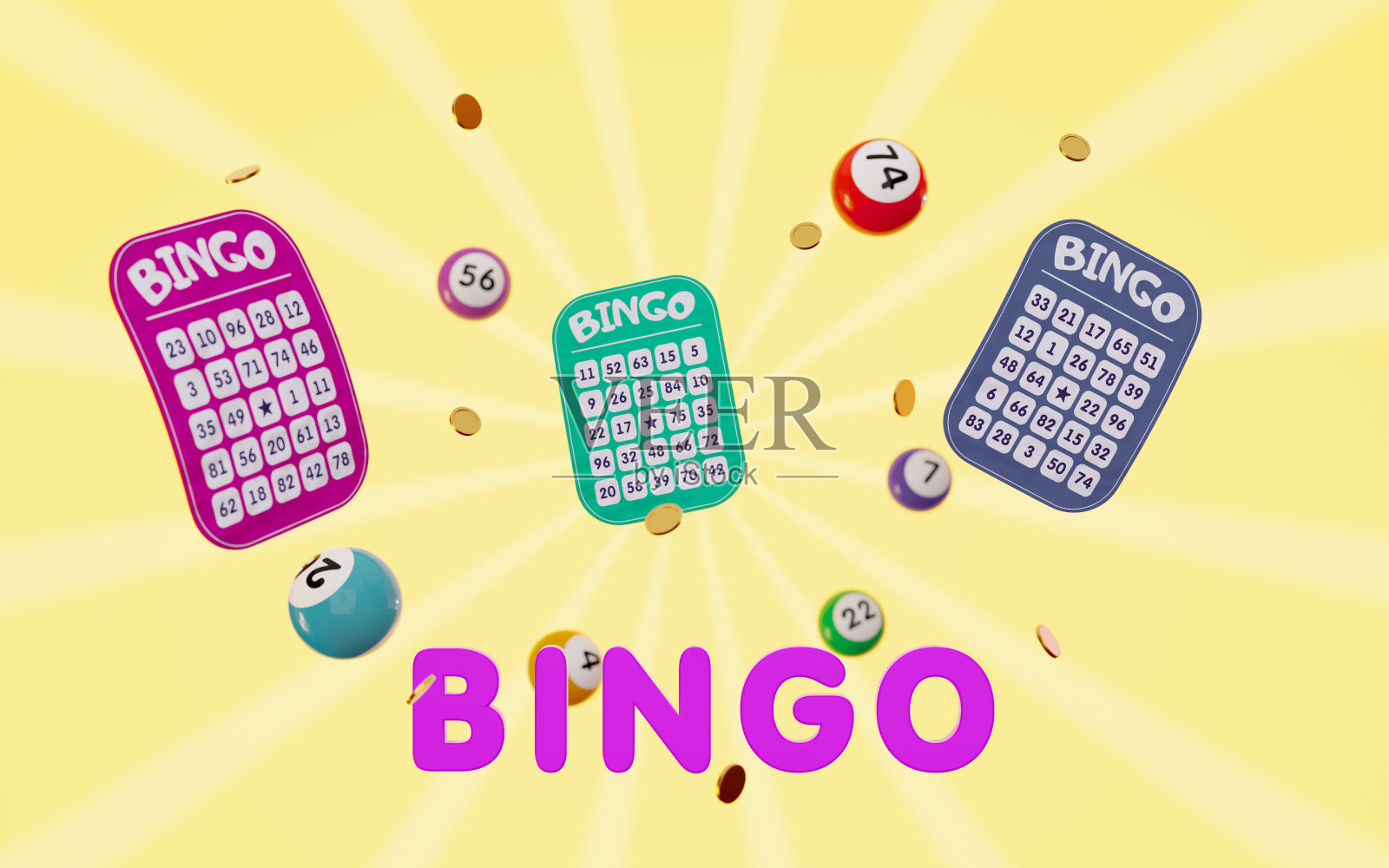 3d飞行彩票，彩色彩票球和淡黄色背景金币。三维渲染插图。照片摄影图片