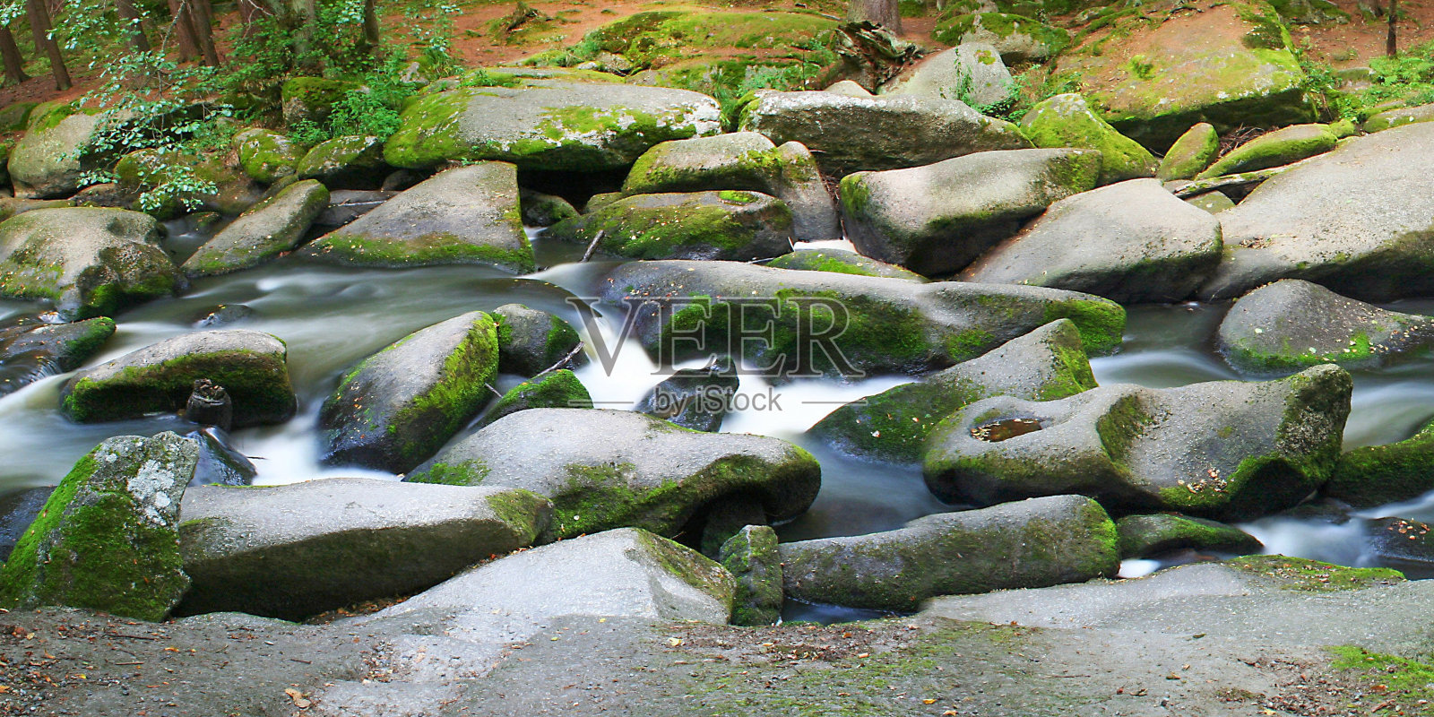 瓦尔德纳布河在长满苔藓的石头之间流动，德国照片摄影图片