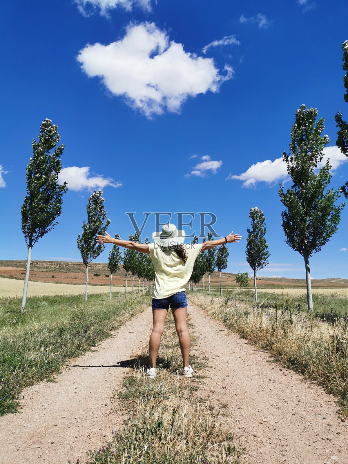 垂直拍摄一位女性站在乡村道路上，两边都是树照片摄影图片
