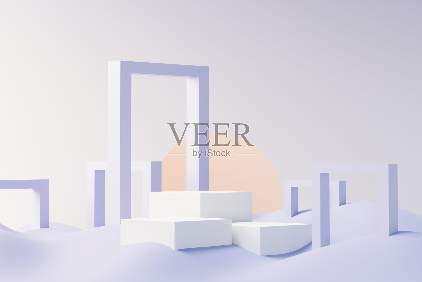 3d美容优质台架产品显示与梦想的土地和蓬松的云。最小的粉彩天空和云场景为目前的产品推广和美容化妆品。浪漫梦幻之地的概念。插画图片素材