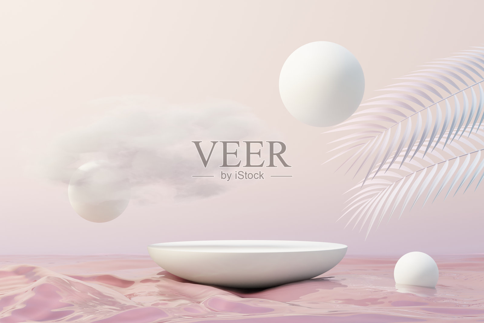 3d美容优质台架产品显示与梦想的土地和蓬松的云。最小的粉彩天空和云场景为目前的产品推广和美容化妆品。浪漫梦幻之地的概念。照片摄影图片