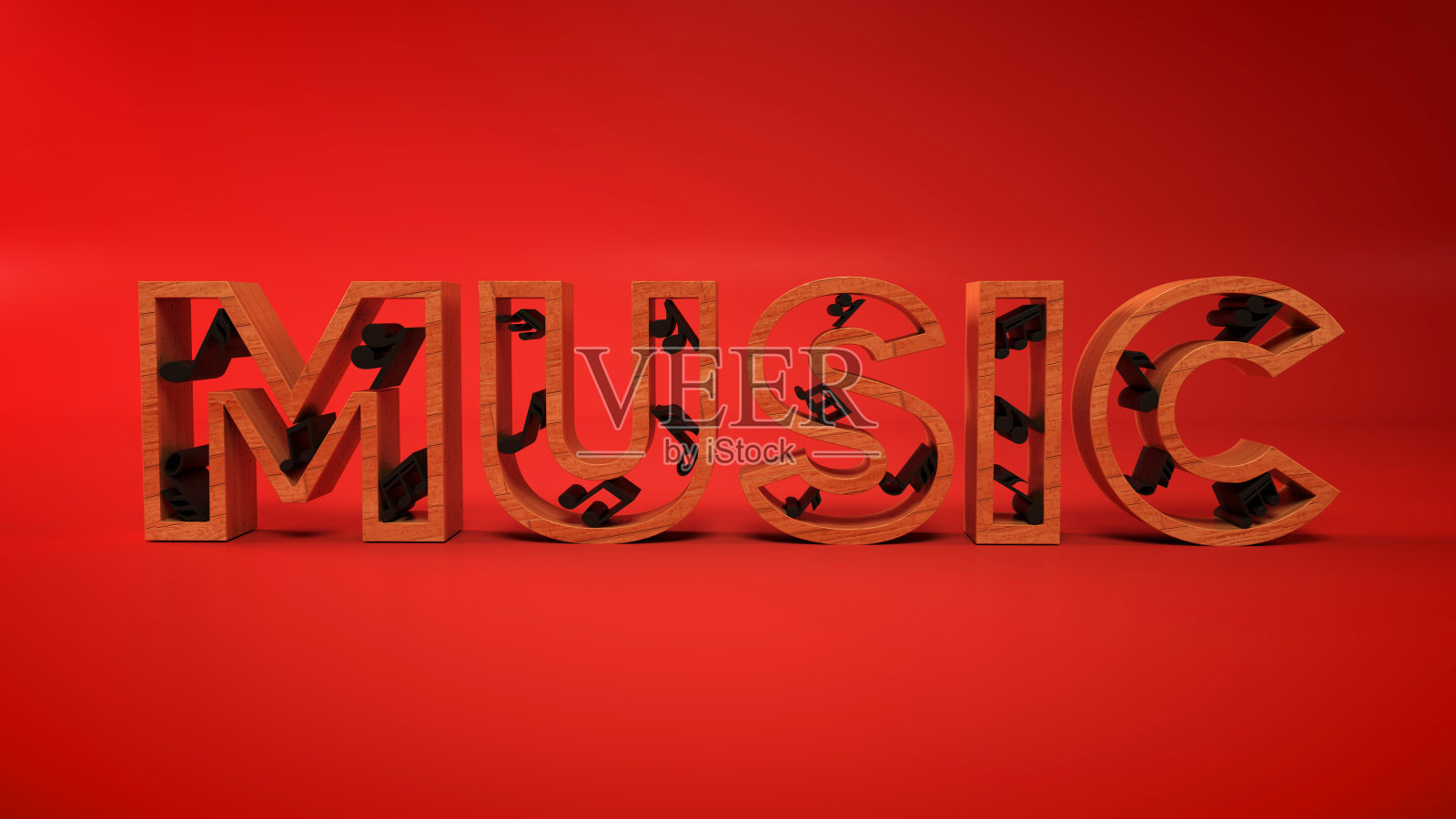 3d木制音乐文本包含黑色音符，红色背景。3d渲染插图。照片摄影图片