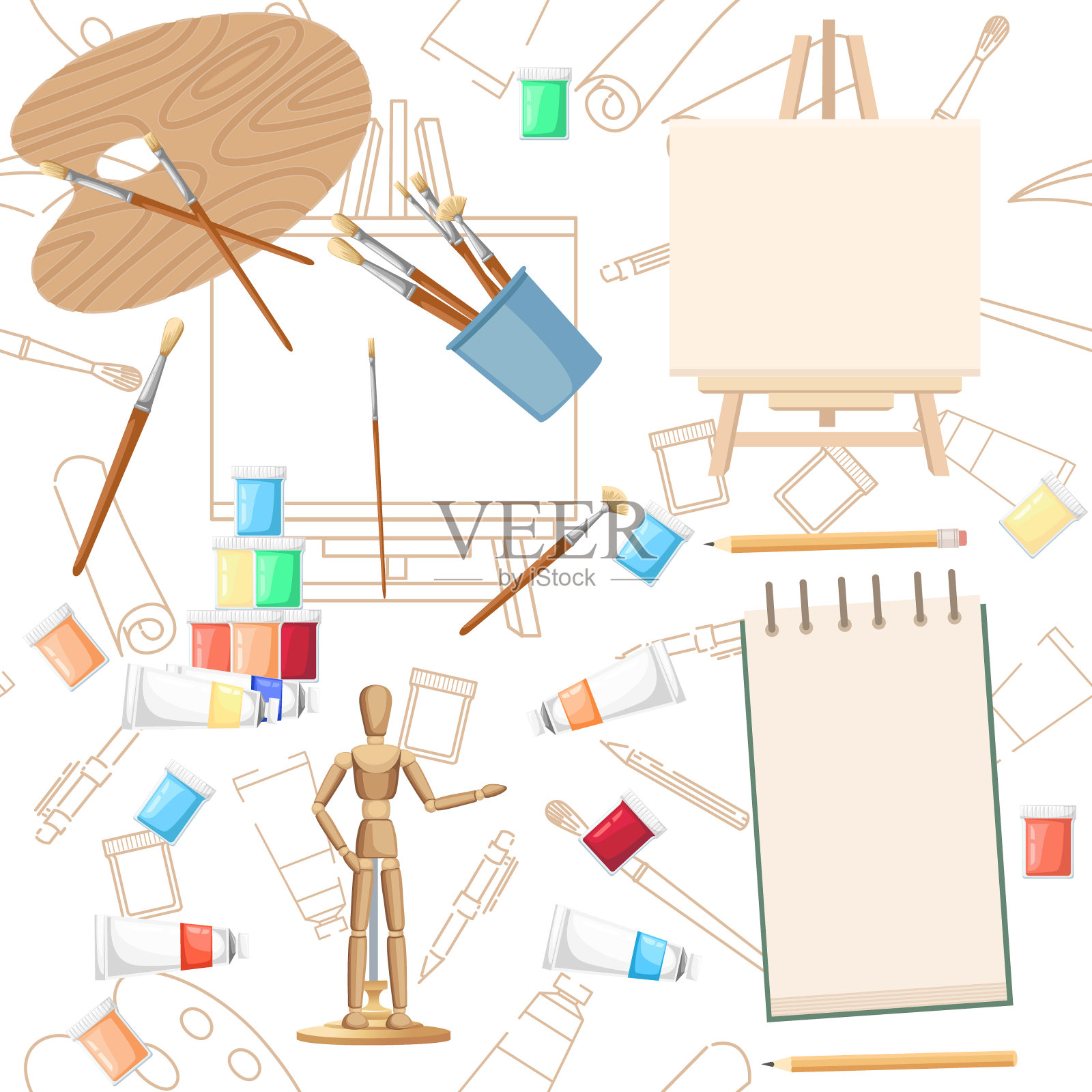 无缝图案绘画和艺术课课程在线教育理念或学校课程矢量插图在白色背景插画图片素材