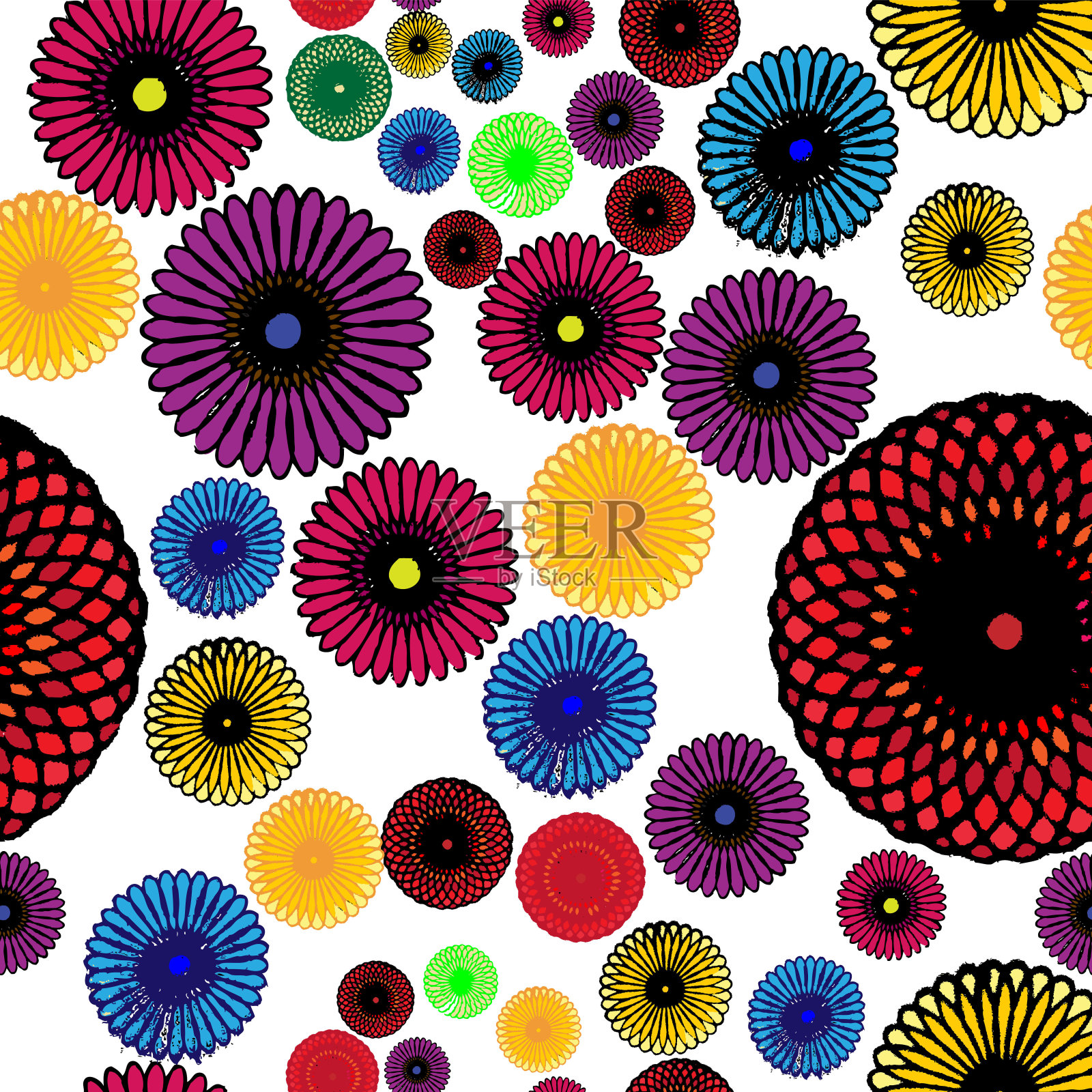 无缝花卉图案与彩色玫瑰花与白色背景插画图片素材