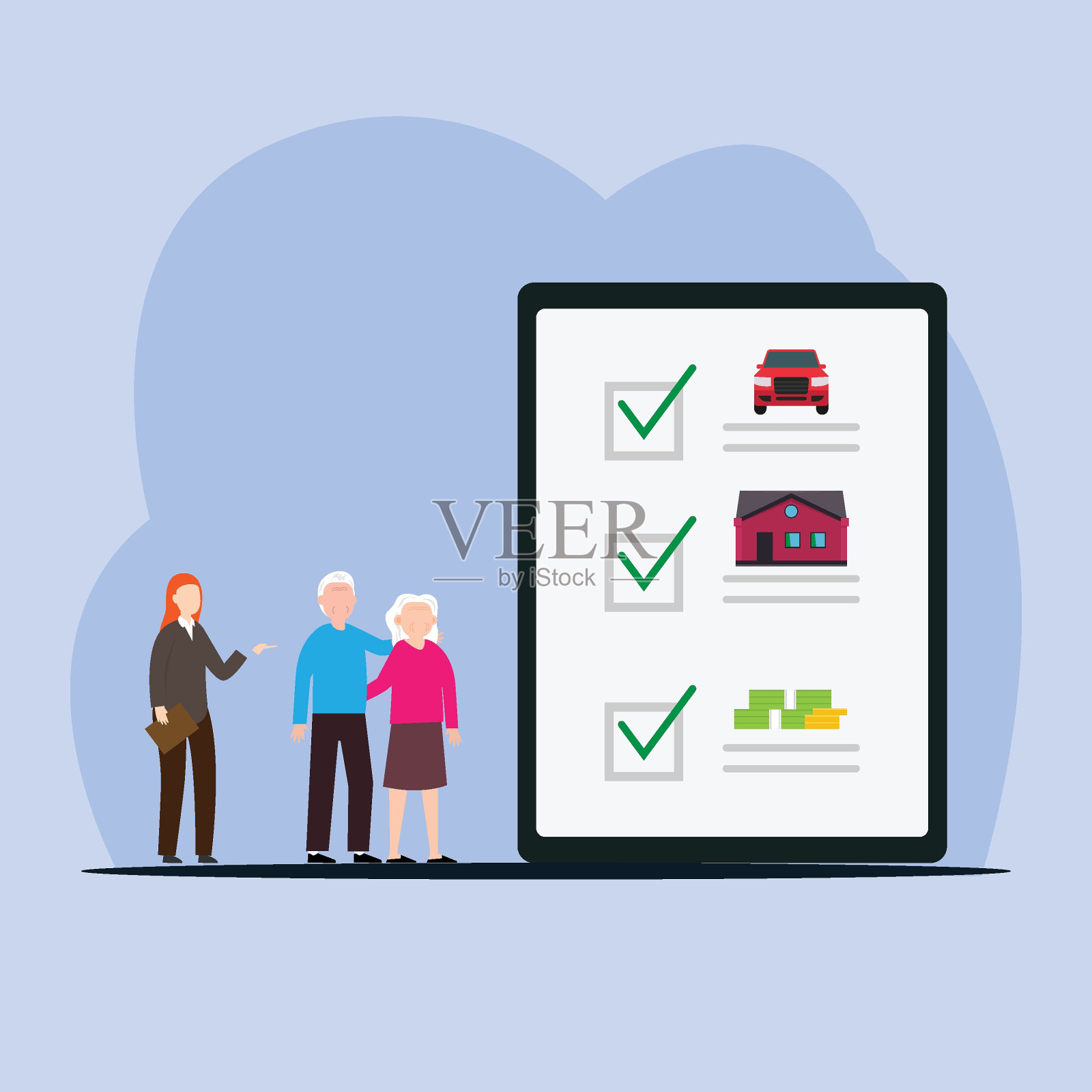 老年夫妇用汽车房子储蓄投资二维矢量插画图片素材