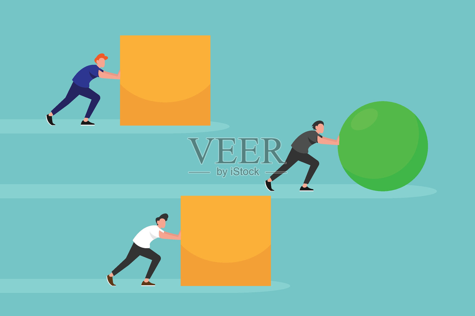 聪明的年轻企业家推动一个球体领先于一群缓慢的年轻企业家推箱子插画图片素材