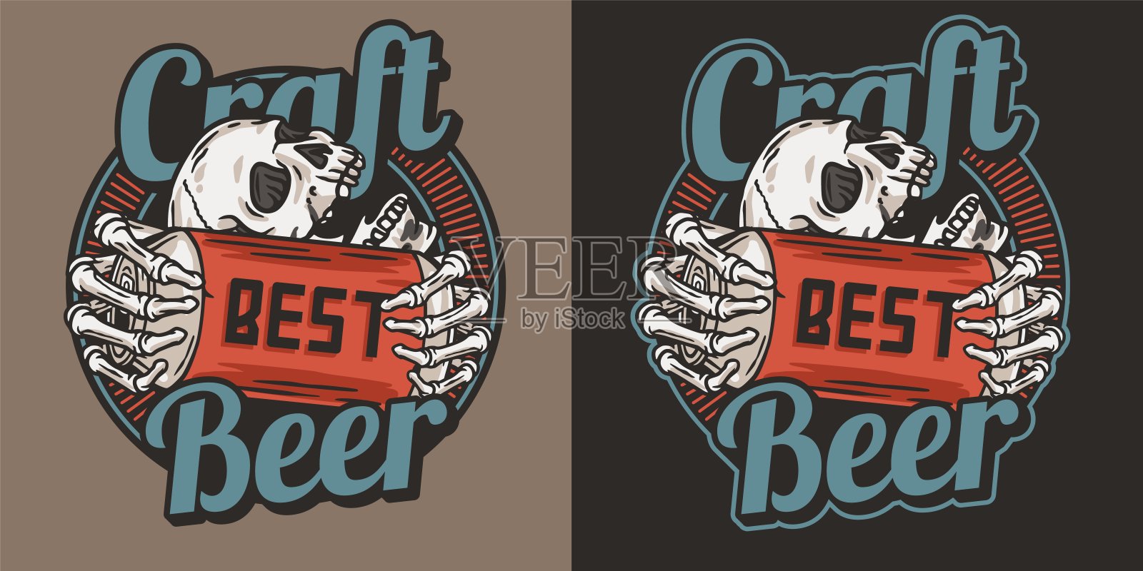 啤酒印有骷髅和金属罐。骷髅手拿啤酒罐，供啤酒厂或酒吧使用。为酒吧和啤酒商店的锡的标签设计的工艺啤酒矢量标志或标志插画图片素材