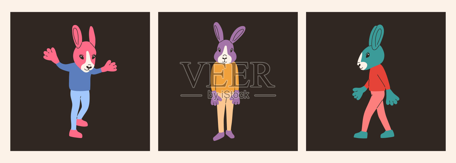 各种兔子人。手绘矢量隔离插图。新年标志插画图片素材