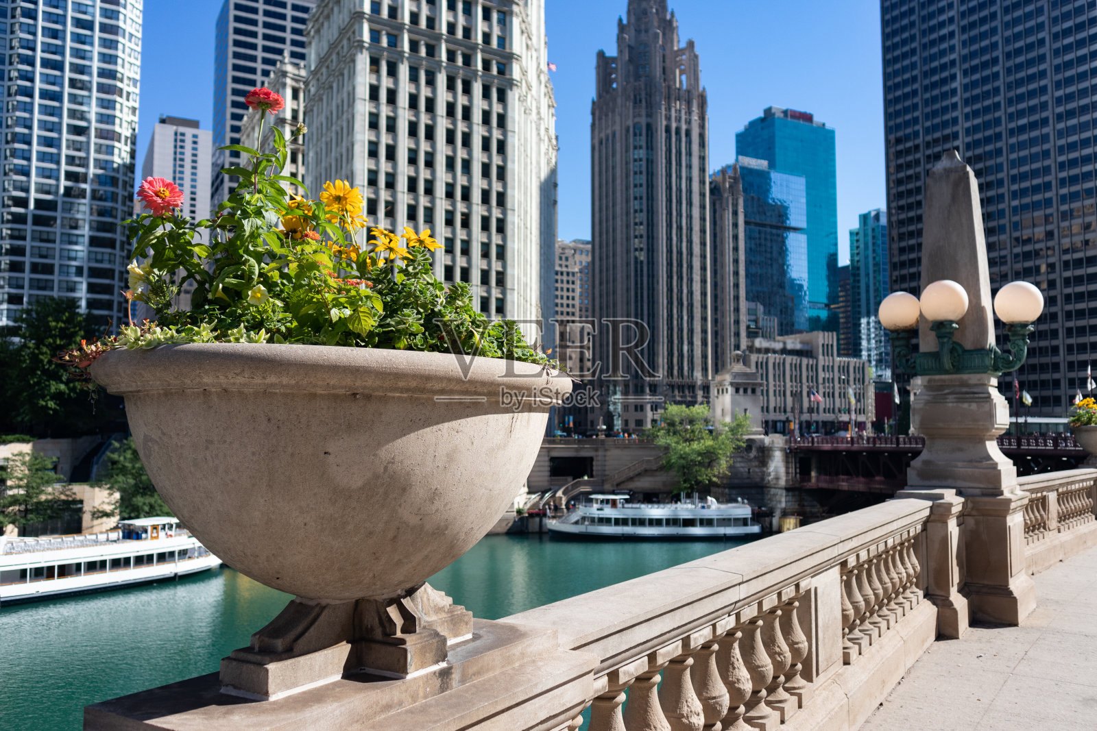 美丽的花盆与五颜六色的花朵沿着芝加哥市中心的芝加哥河在夏天照片摄影图片