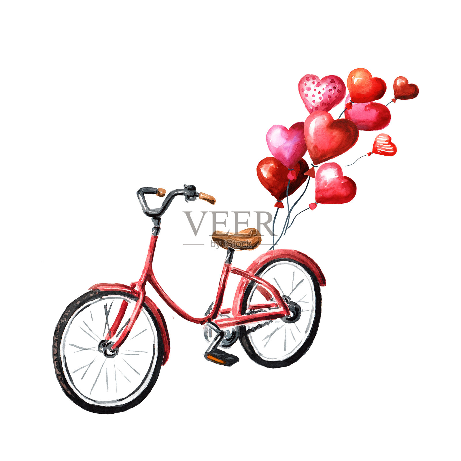 带心形气球的自行车。手绘水彩插图，孤立的白色背景设计元素图片