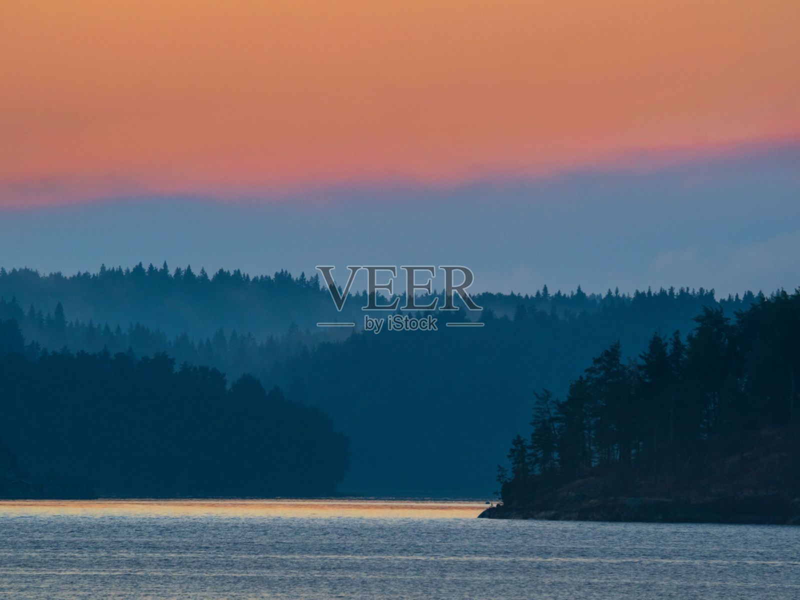 日落时森林附近的美丽海景照片摄影图片