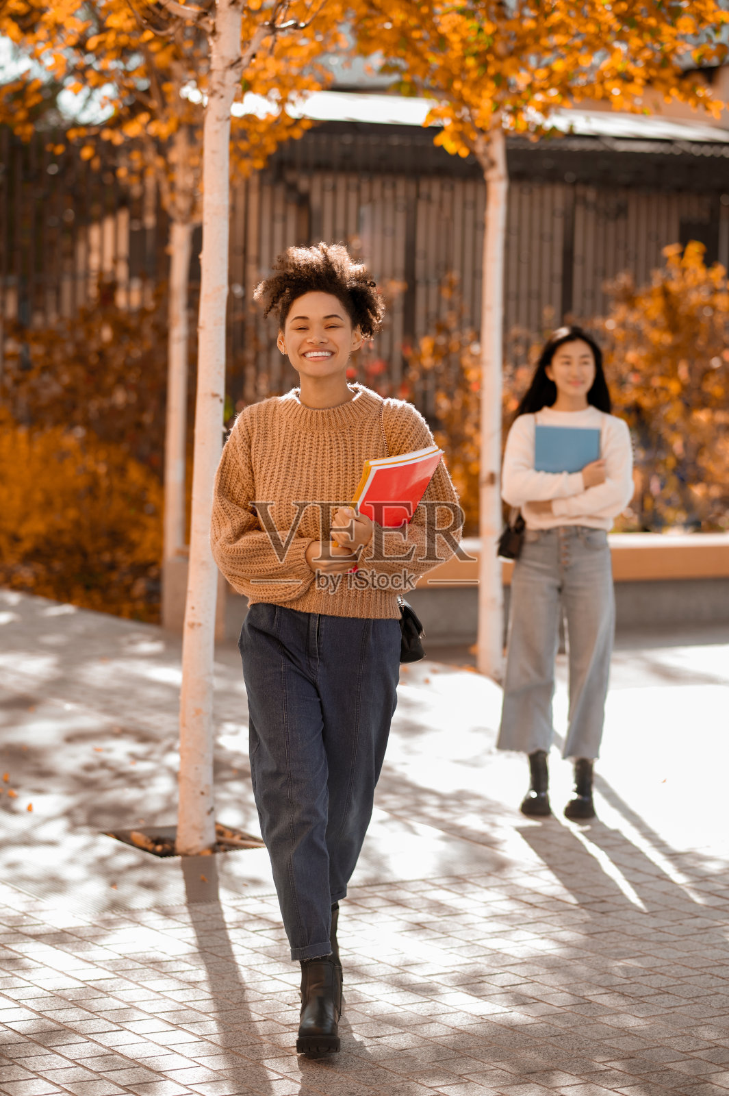 穿着米色毛衣的漂亮微笑mulatta照片摄影图片