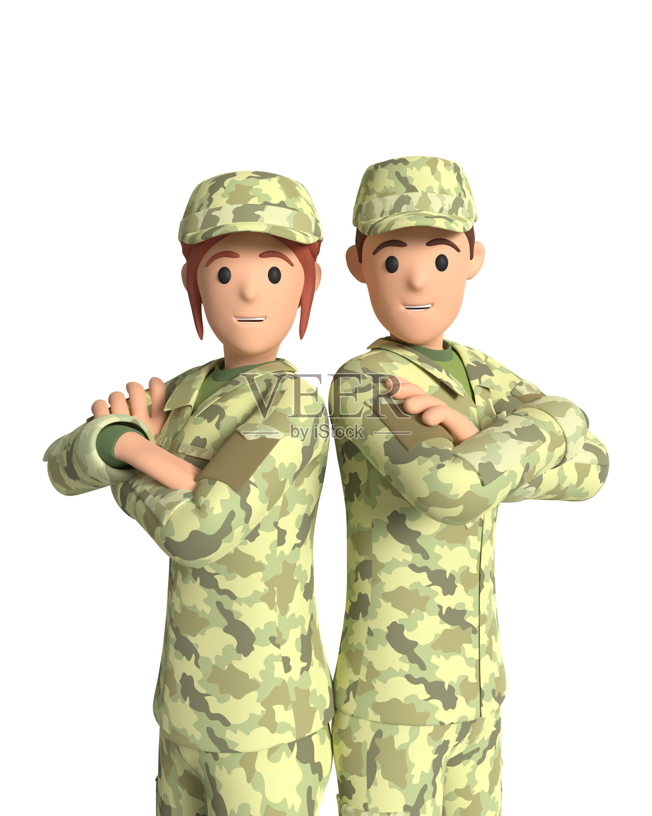 一个女人和一个穿着军装的男人。年轻的女孩和一个穿着军装的男孩。三维渲染照片摄影图片