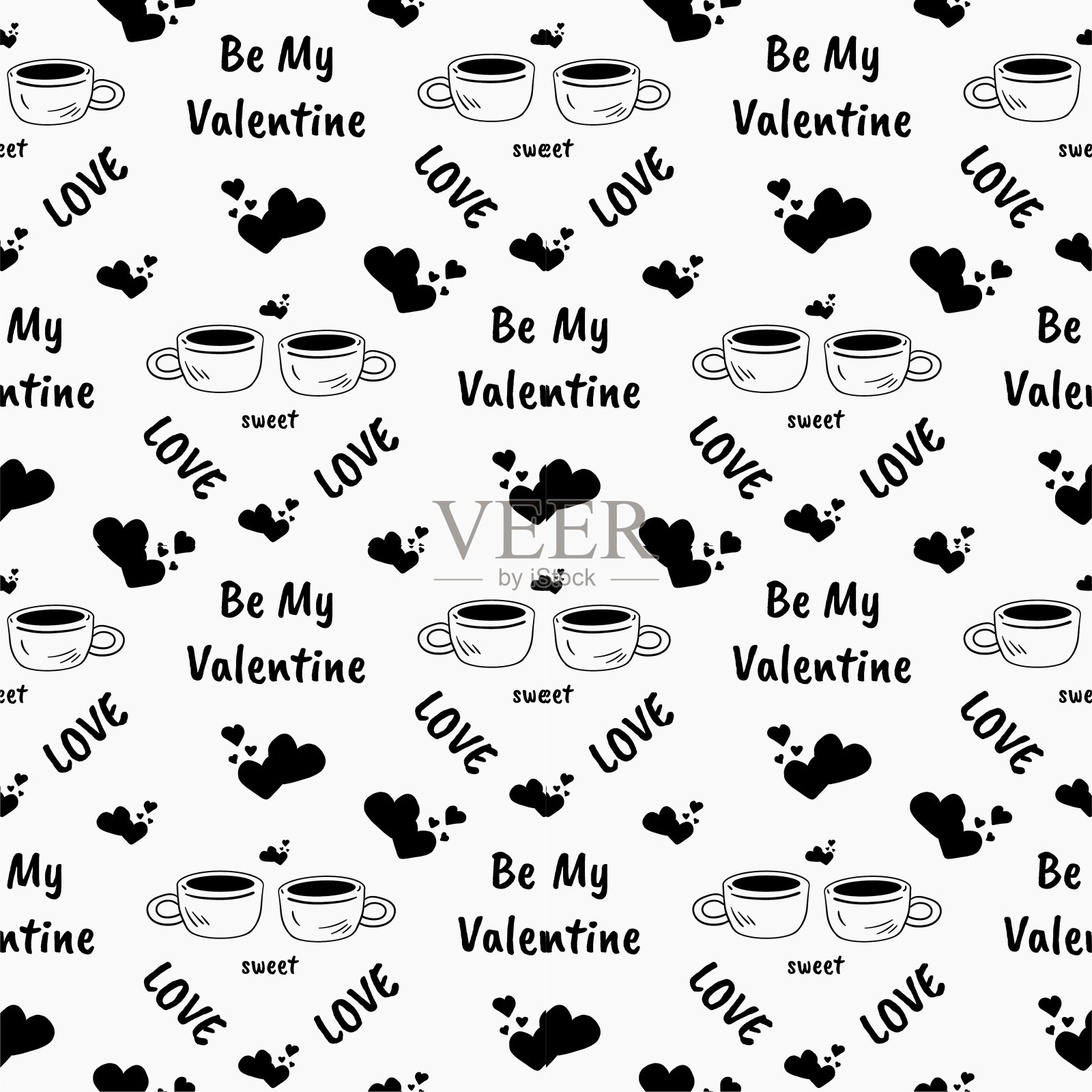 手绘两杯咖啡的心形情人节无缝图案插画图片素材