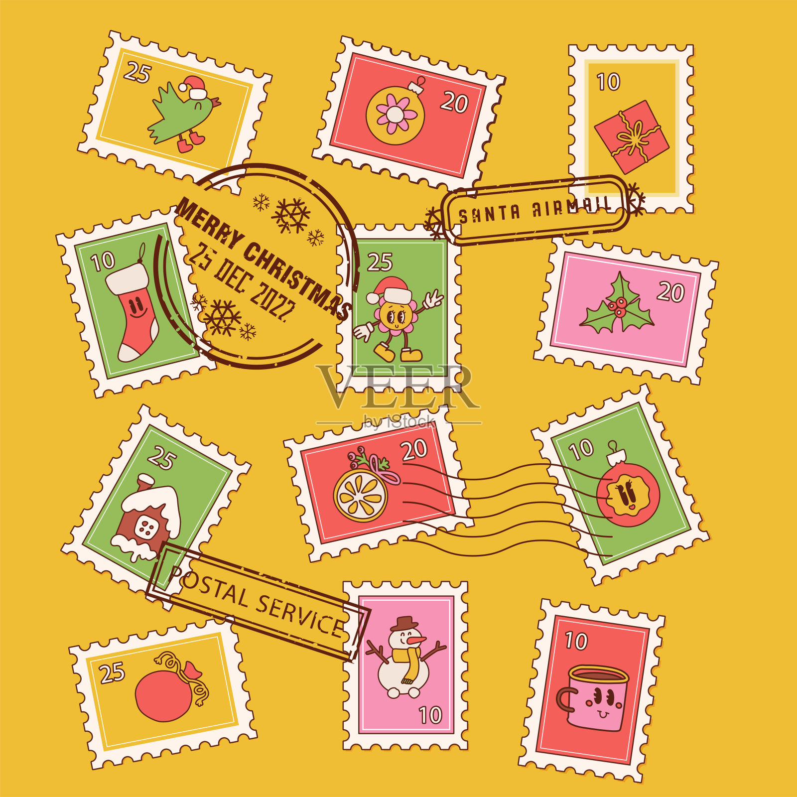 圣诞节复古卡通邮票设计模板素材