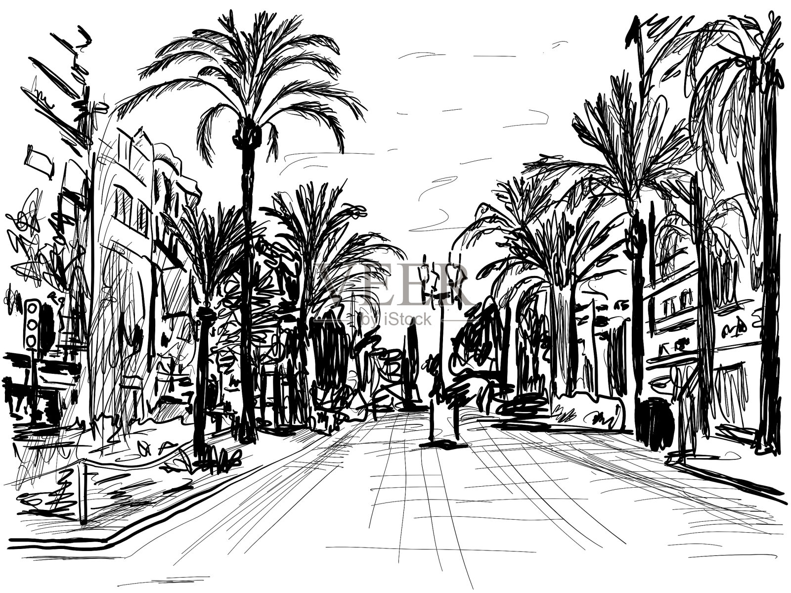 街上有一棵棕榈树插画图片素材