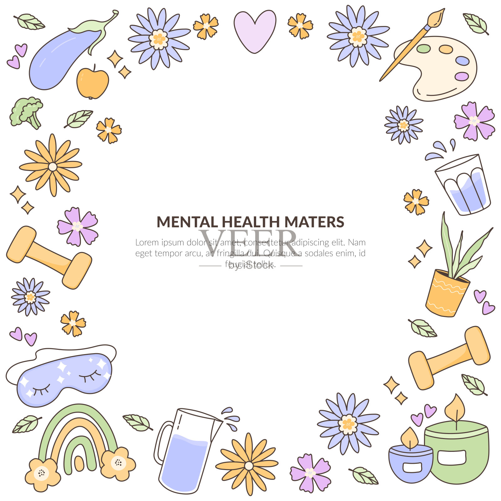 框架与健康的生活方式元素在白色背景。主要要素是食物、健身、睡眠、充足的水、爱好、新鲜空气和放松。心理健康。向量。插画图片素材