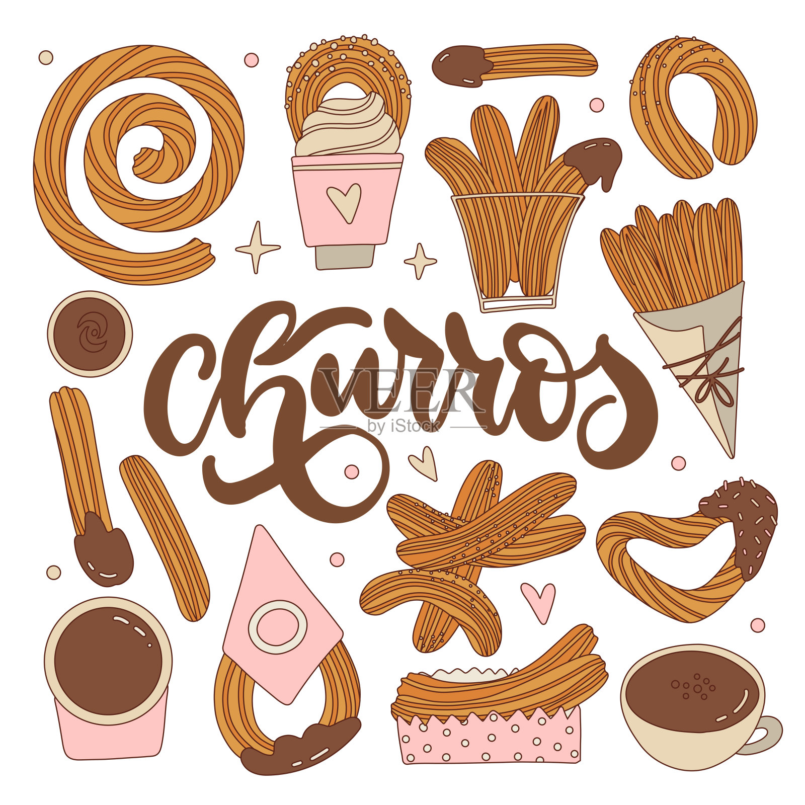 一套不同的油条和巧克力酱杯。墨西哥甜食系列。手绘轮廓矢量插图。油条装在纸袋里，碗里放热巧克力。复古设计。插画图片素材