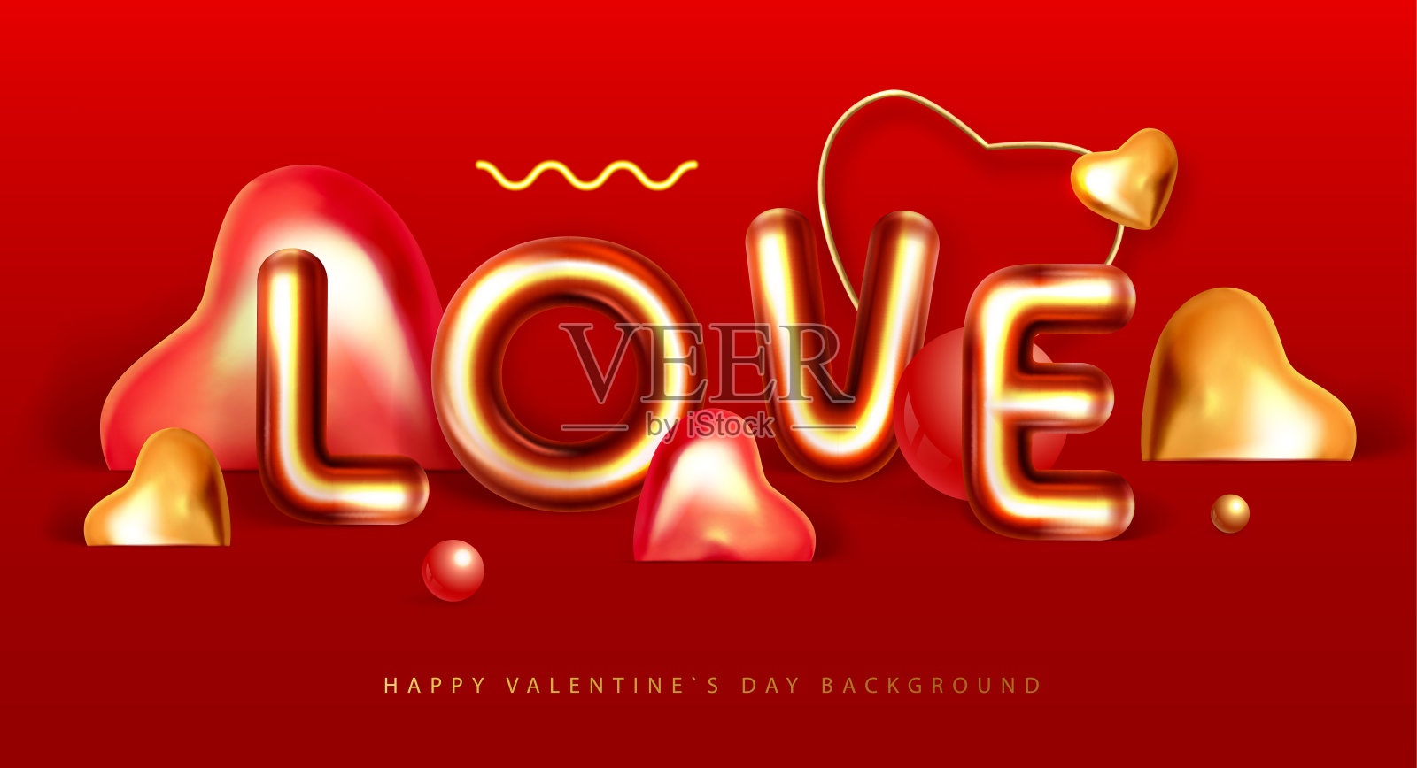 情人节快乐海报，配有3D镀铬字母和金色爱心。节日贺卡。矢量素材插画图片素材
