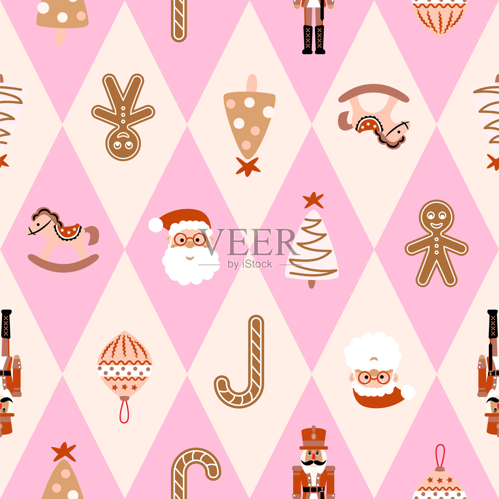小丑圣诞无缝图案。奶油粉色背景与圣诞老人，胡桃夹子和姜色玩具。设计元素图片