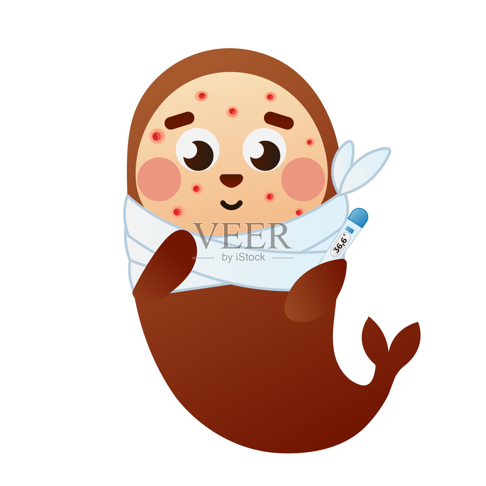 可爱的小海豹正在遭受高温和皮疹的卡通风格插画图片素材