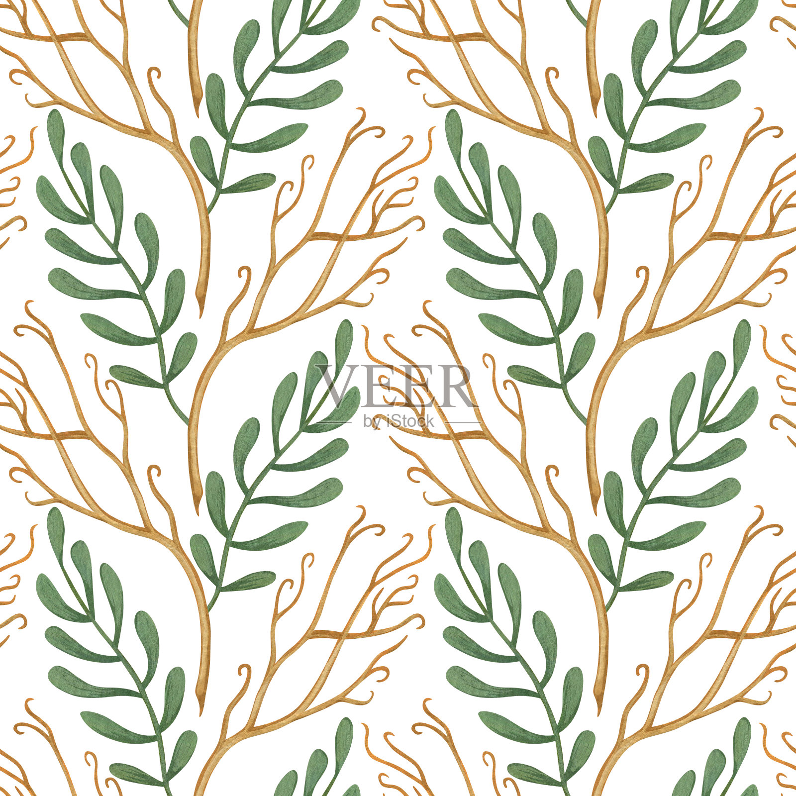 与叶子的无缝图案。花纹。水彩和水粉插图。适用于墙纸设计、织物、纺织品、包装。插画图片素材