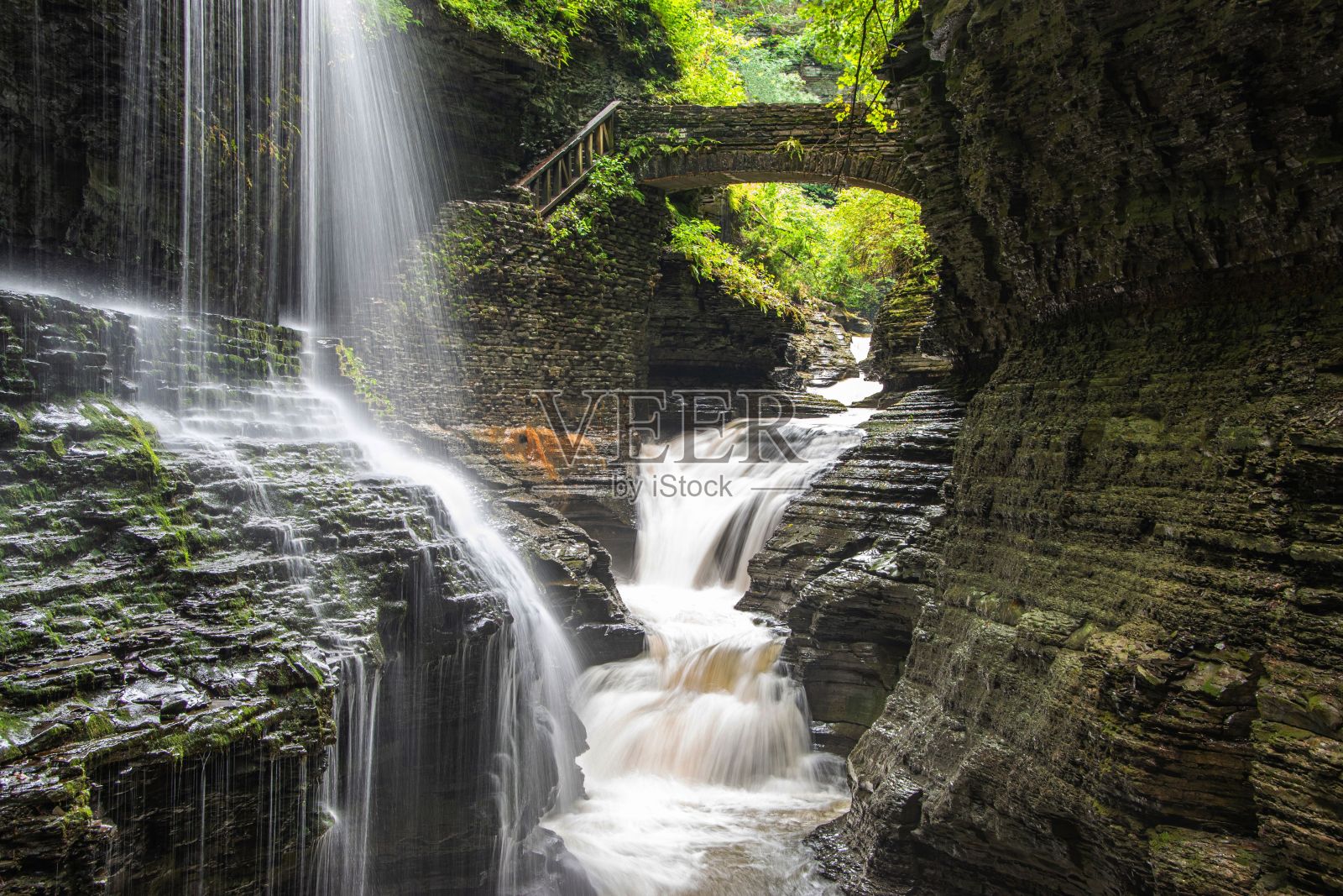 流动的河流被悬崖和茂密的树木包围照片摄影图片