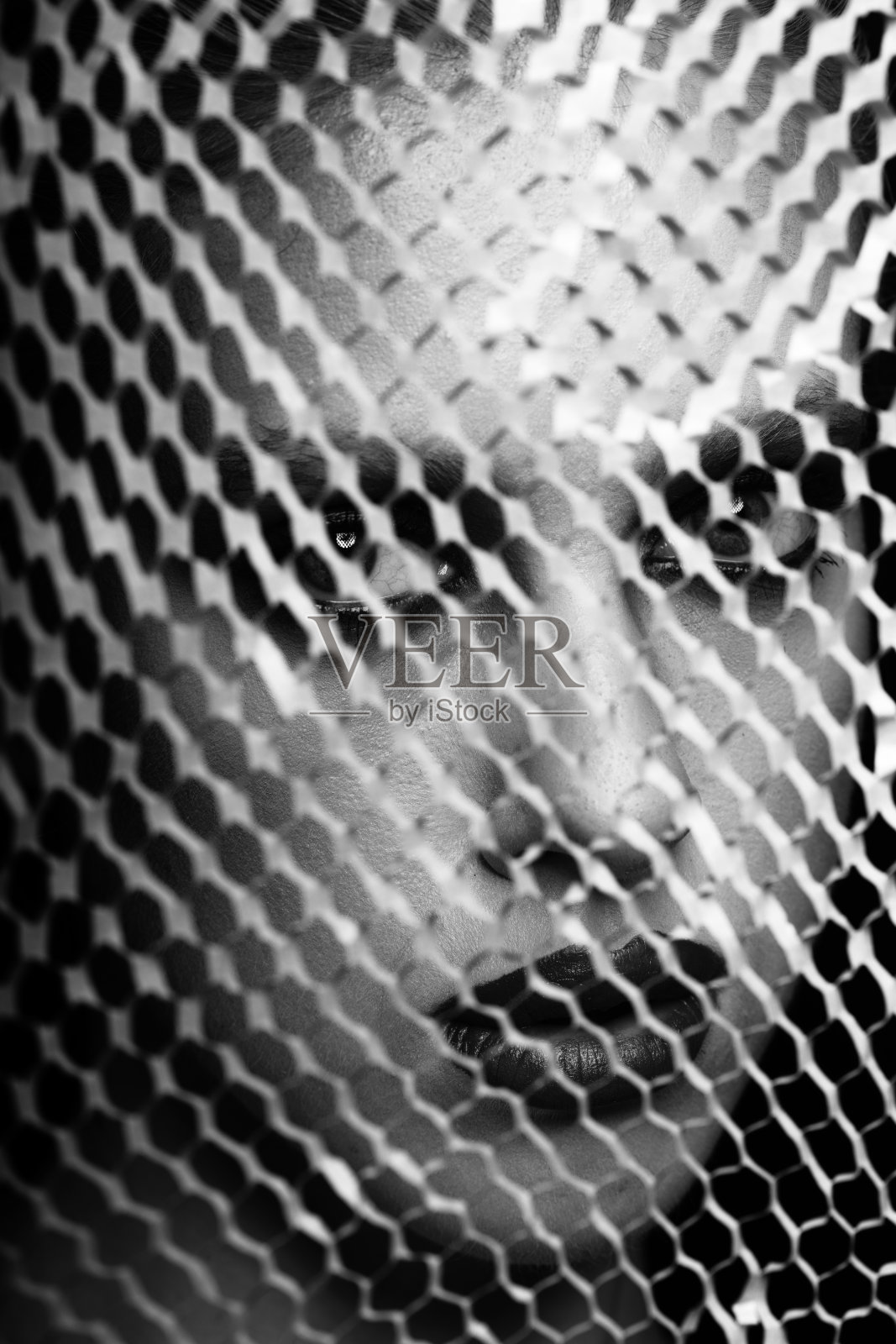 抽象的工作室肖像美丽的女人与花哨的化妆通过网格寻找照片摄影图片