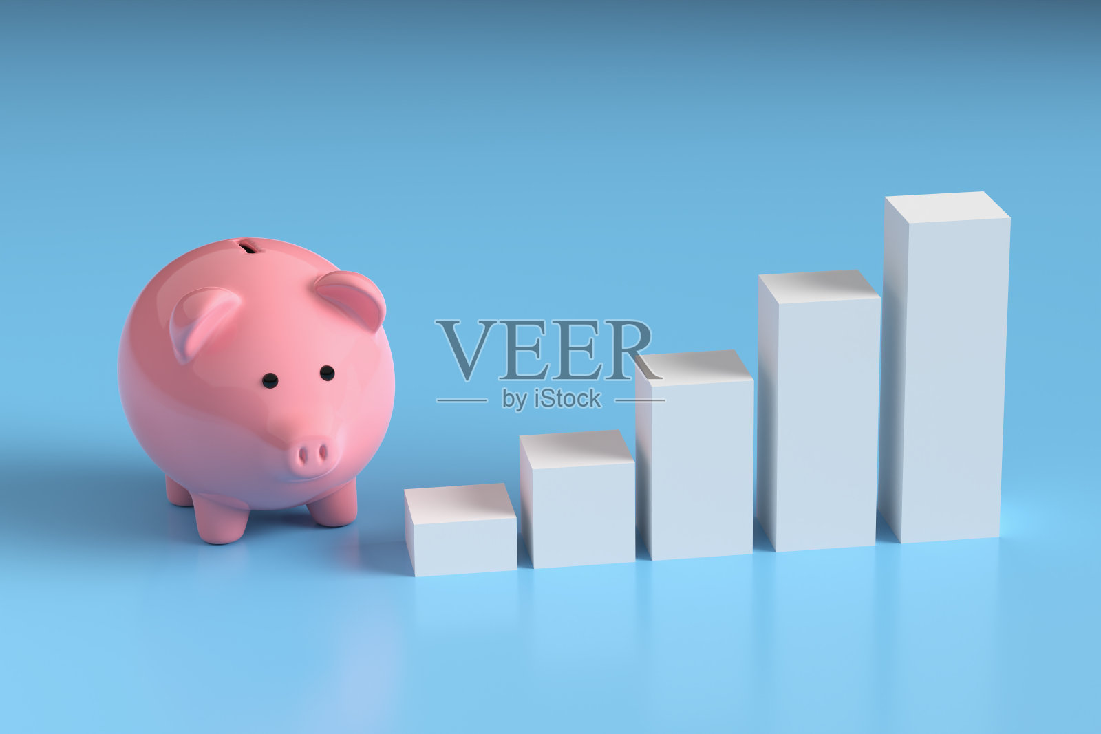 蓝色背景上有上升图形的储蓄罐。企业的储蓄、利润或投资增长照片摄影图片