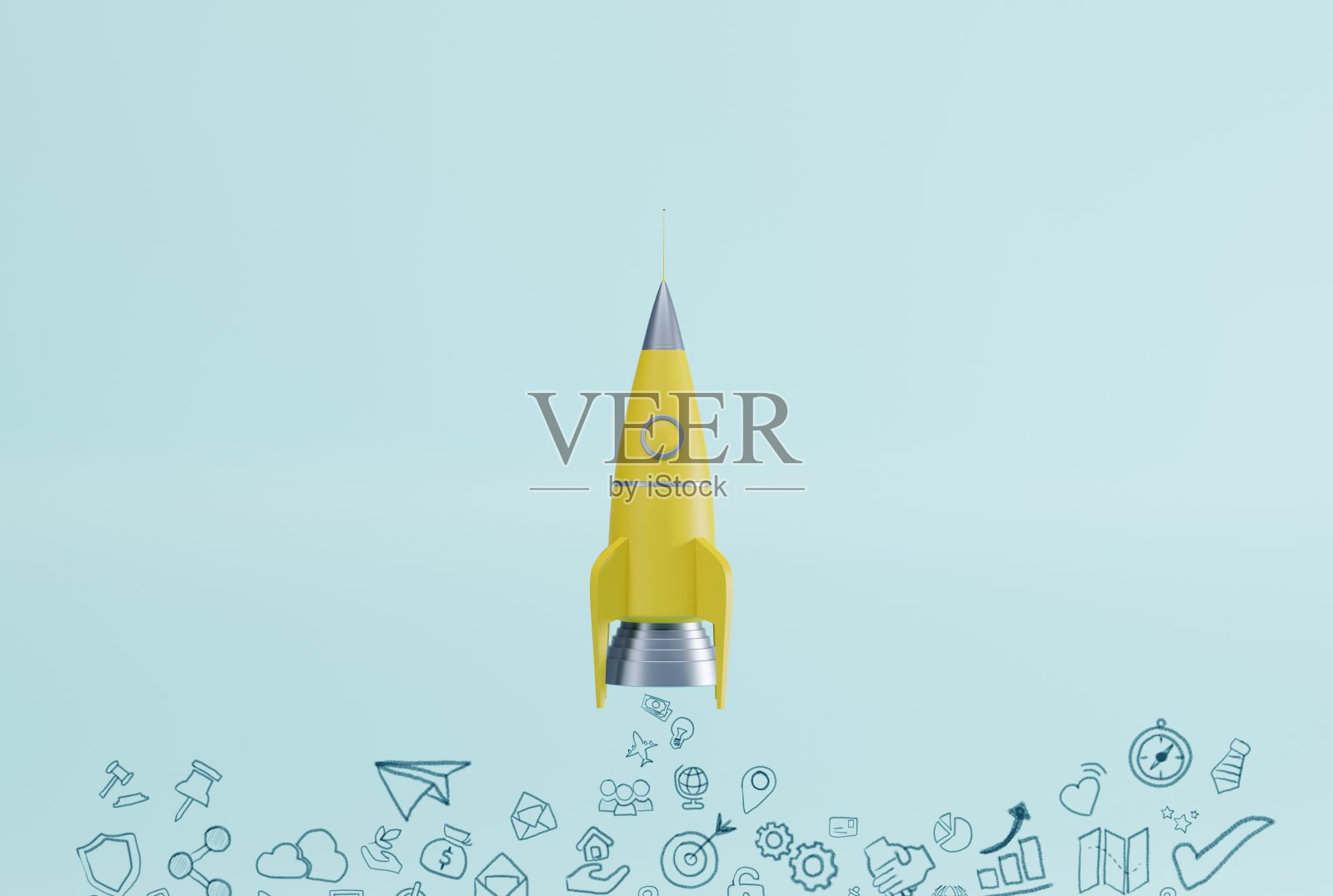 火箭起飞，商业图标化为烟雾。照片摄影图片