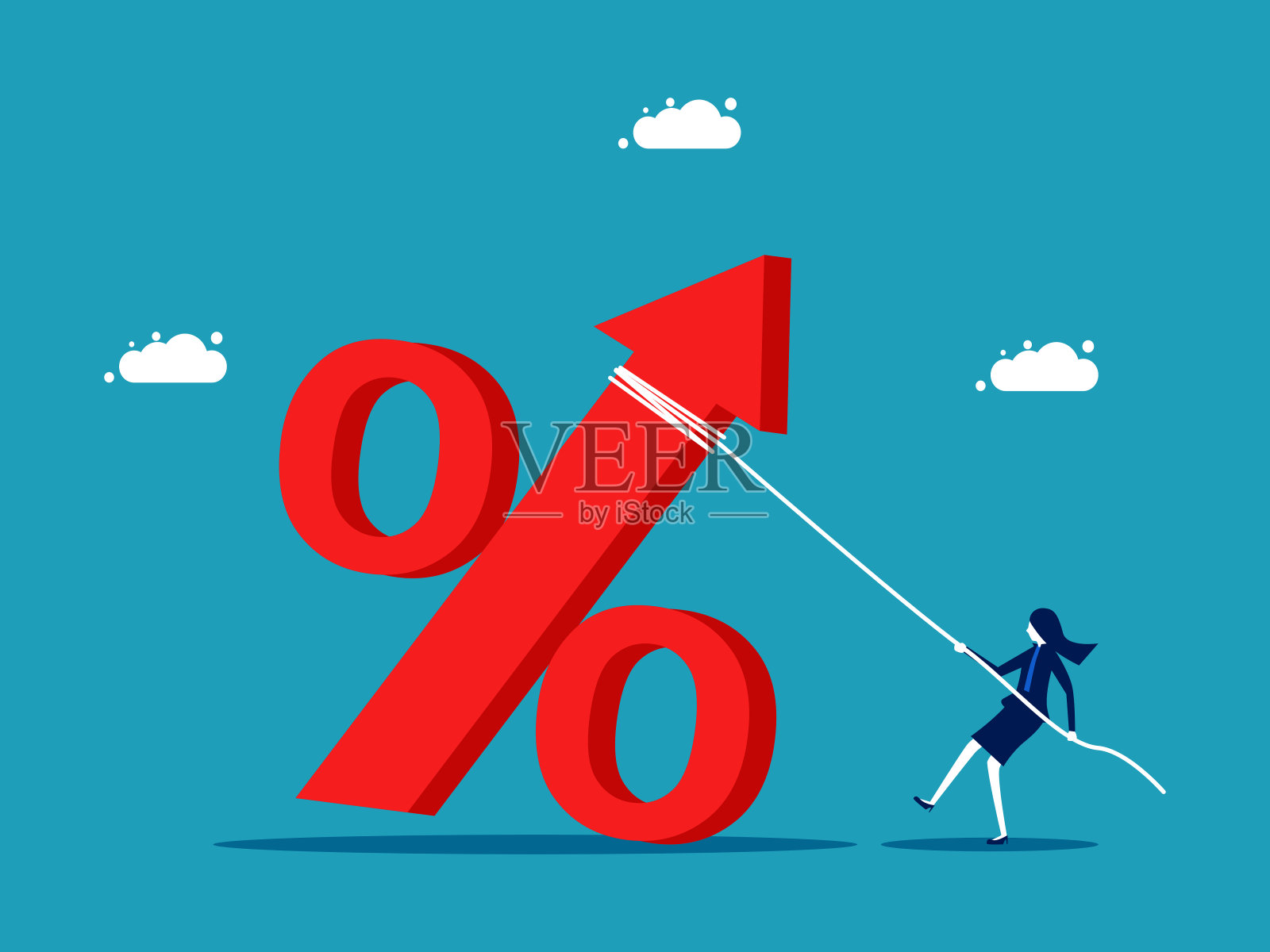 低利率。女商人把百分号拉下来插画图片素材