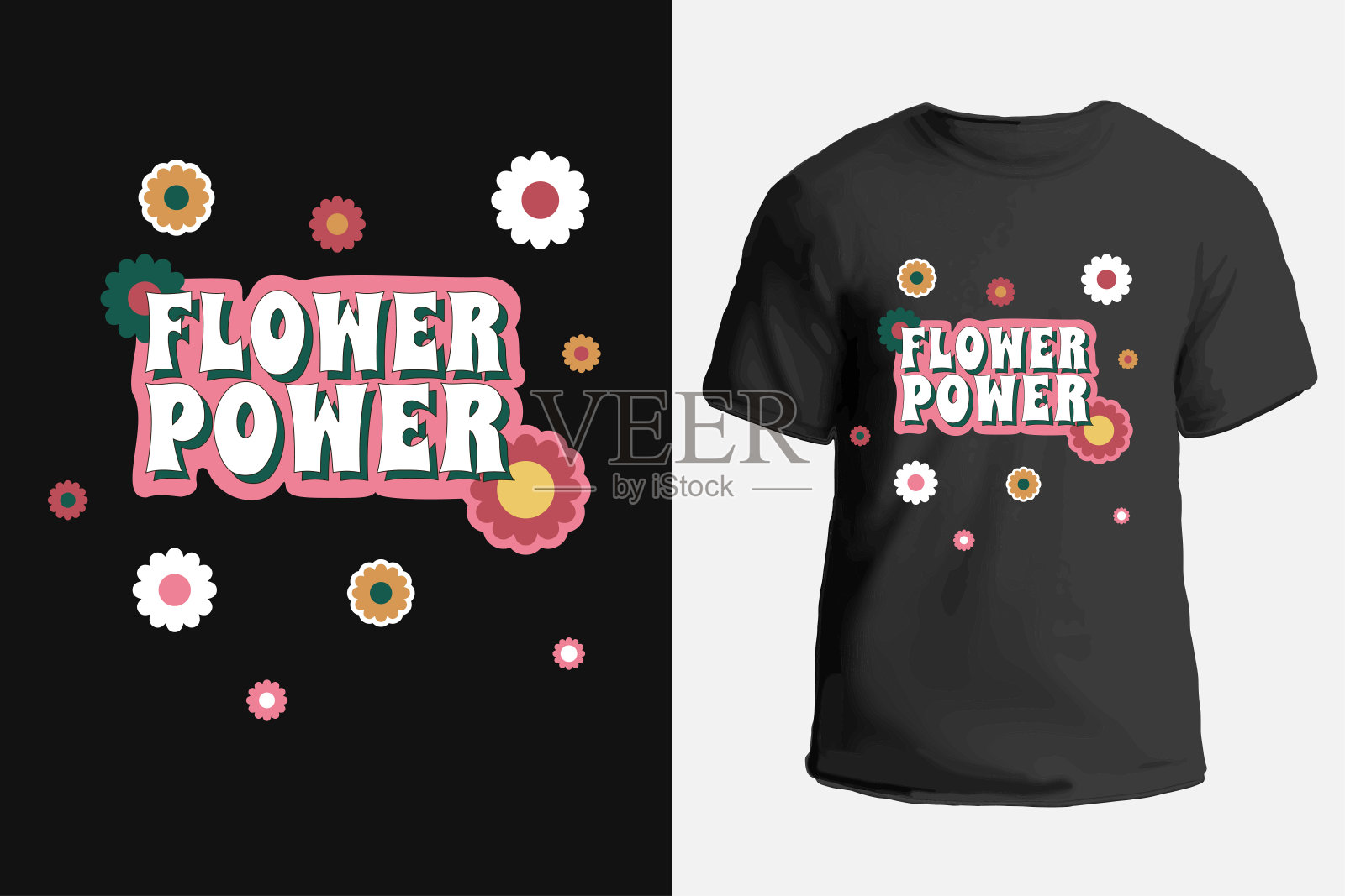 怀旧风格的嬉皮士印花，铭文“花的力量”。t恤的矢量插图。插画图片素材