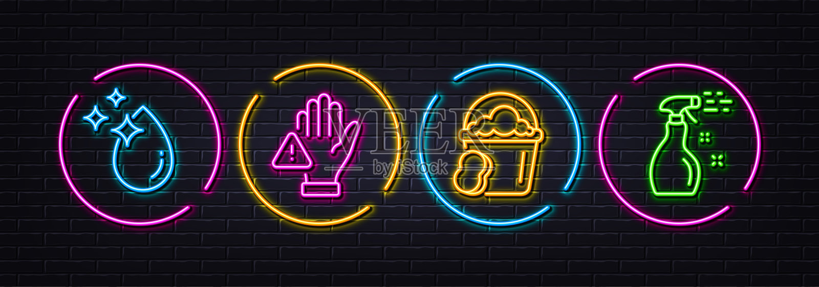 水滴，海绵和不要触摸最小线图标。对于web应用，打印。霓虹灯激光3d灯。向量插画图片素材