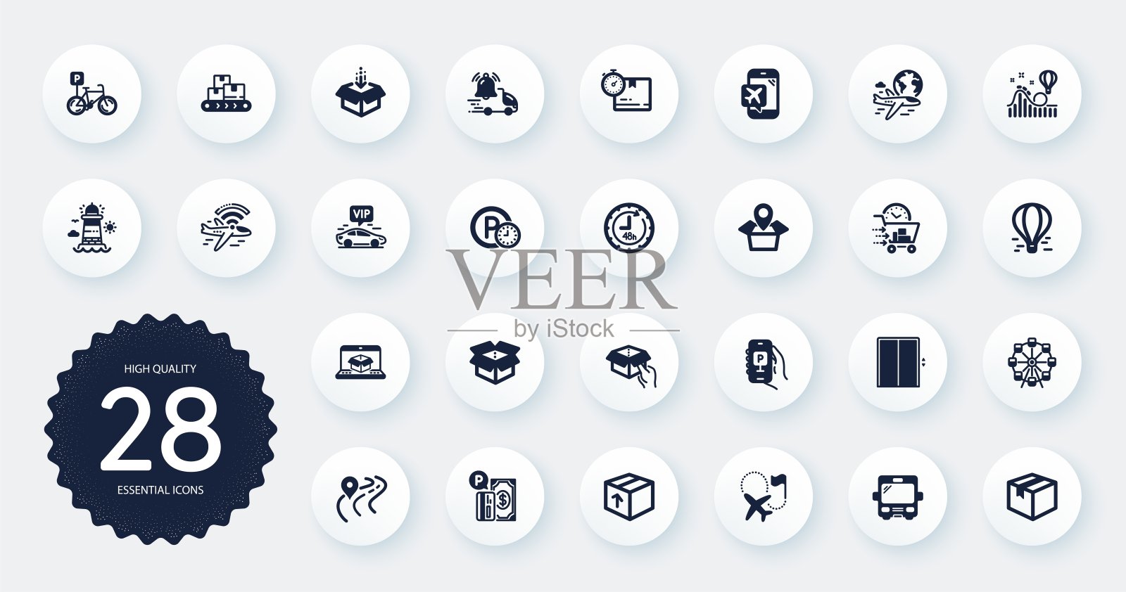 交通图标集，如飞机wifi，摩天轮和飞行模式平面图标。网站设计。向量图标素材