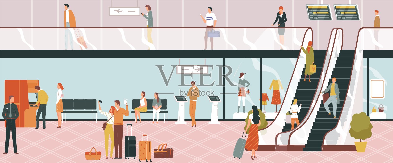 机场旅行，终端飞机出发，旅客旅行，跑道运输背景，设计，平面风格矢量插图设计模板素材