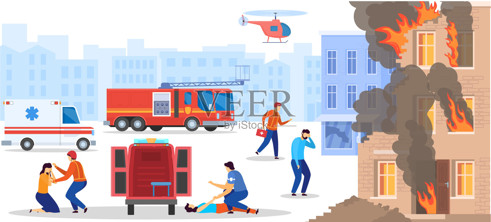 紧急服务从被烧毁的房屋中营救人们，医生帮助受害者，矢量插图插画图片素材