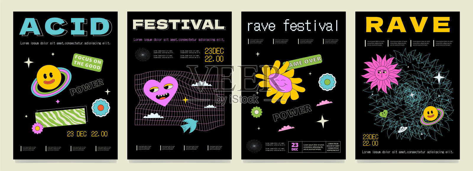 一组疯狂迷幻的狂欢节海报。酸的艺术品。设计模板素材