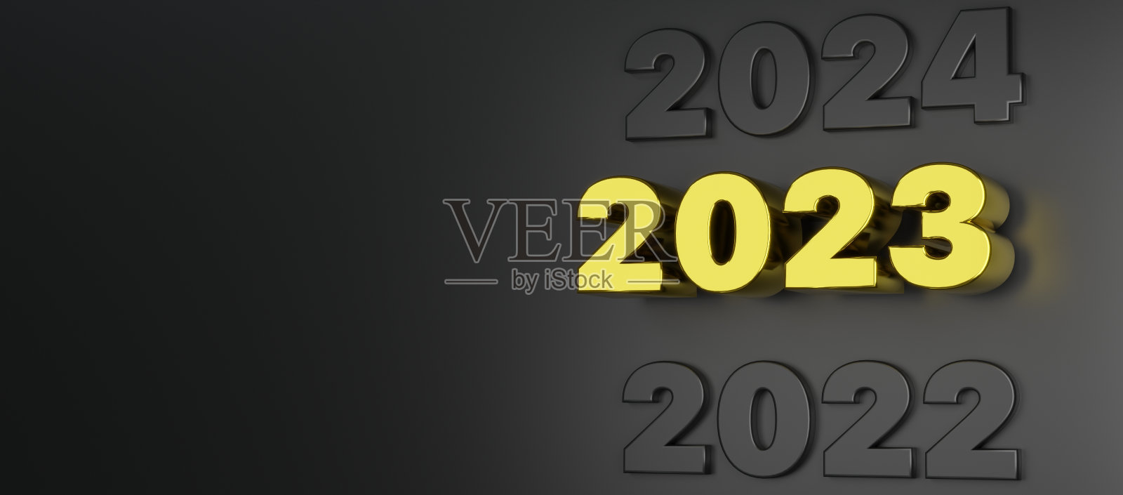 2023新年概念，黑色背景上的金色低浮雕数字2023。最小的复制空间- 3d渲染。照片摄影图片